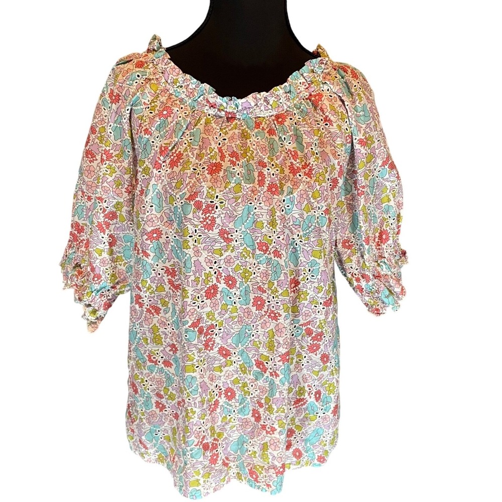 Floral Eyelet Blouse L Cotton Pink Blue Peasant Top Romantic Coquette Prairie